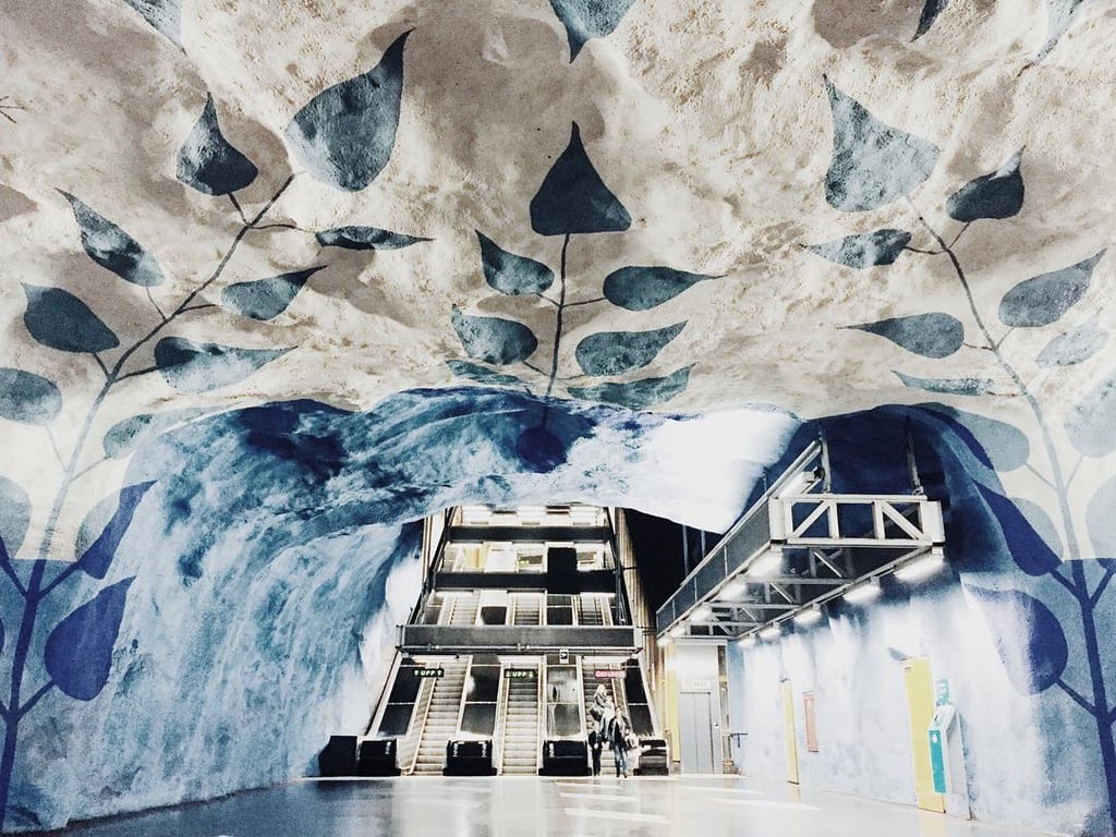 "Beautiful artwork throughout the subways stations of Stockholm — Here is one piece at the T-Centralen stop on the Blue Line by artist Gun Gordillo."