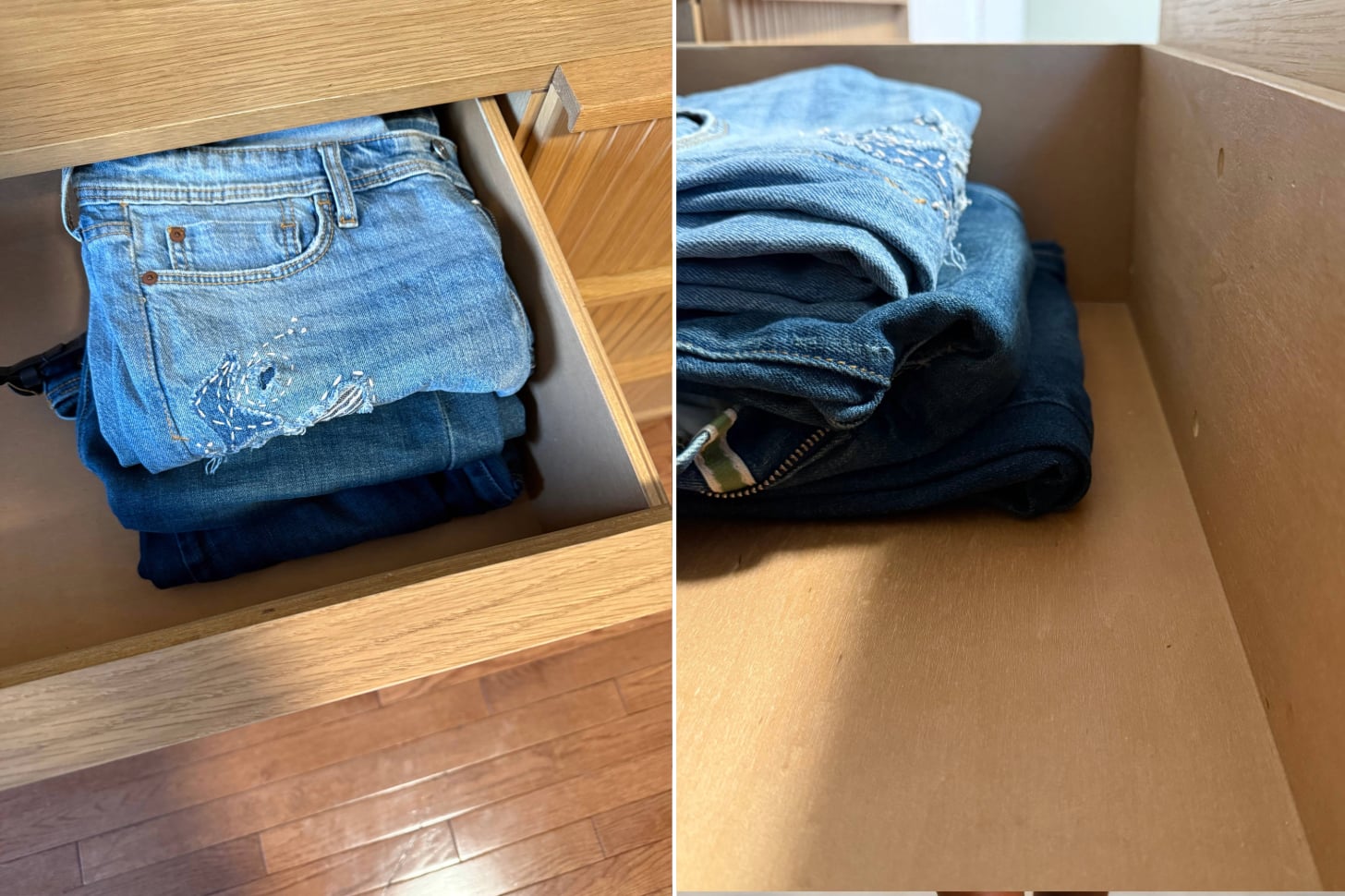 Drawer depth of the Article Kouva Dresser using jeans.