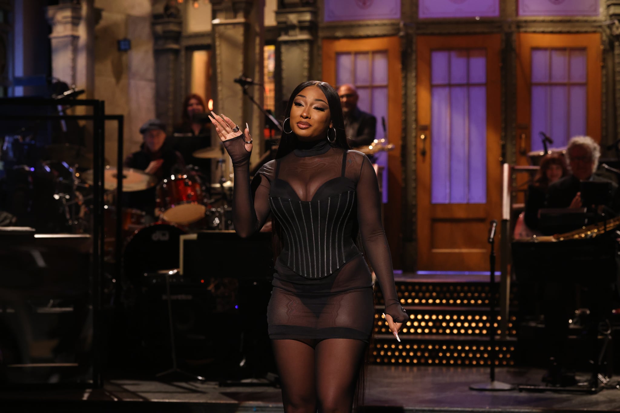 SATURDAY NIGHT LIVE -- Megan Thee Stallion Episode 1829 -- Pictured: Host Megan Thee Stallion during the Monologue on Saturday, October 15, 2022 -- (Photo by: Will Heath/NBC via Getty Images)