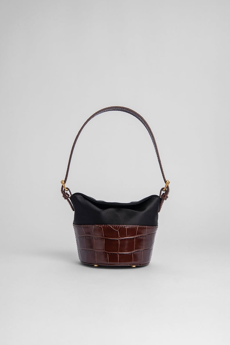 By Far Mini Jamie Nutella Croco Embossed Leather and Black Silk Bag