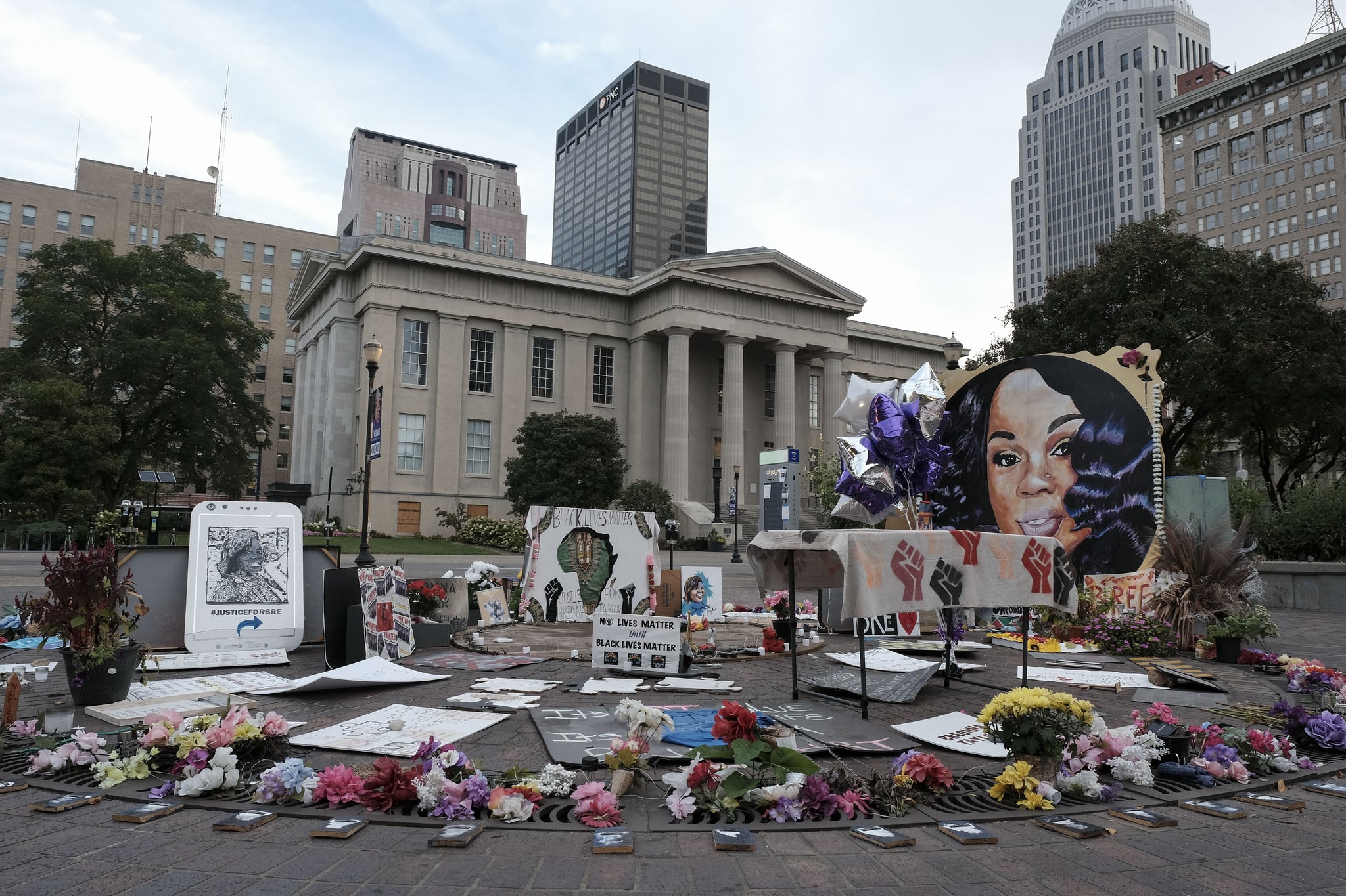 A memorial to Breonna Taylor, placed in Jefferson Square Park, is photographed in downtown Louisville, Kentucky on September 23, 2020 as the city anticipates of the results of a grand jury inquiry into the death of Breonna Taylor, a Black woman shot by the Louisville Metro Police Department in her apartment earlier this year. (Photo by Jeff Dean / AFP) (Photo by JEFF DEAN/AFP via Getty Images)