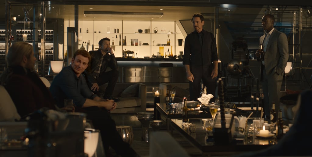 Thor (Chris Hemsworth), Captain America (Chris Evans), Hawkeye (Jeremy Renner), Iron Man (Robert Downey Jr.), and Rhodes (Don Cheadle) have a casual gathering.