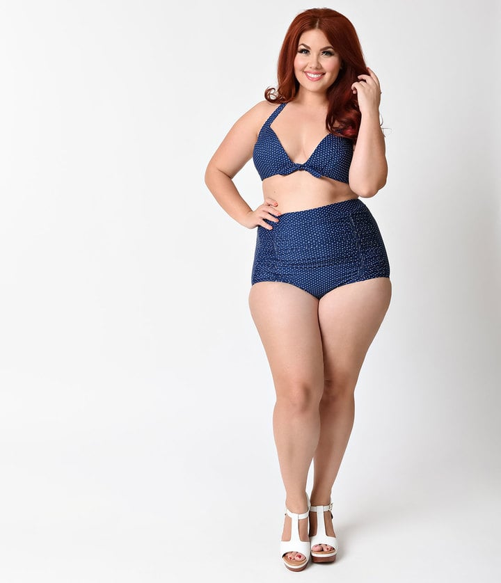 Unique Vintage Plus Size Navy & White Pin Dot Monroe Bikini Bottom