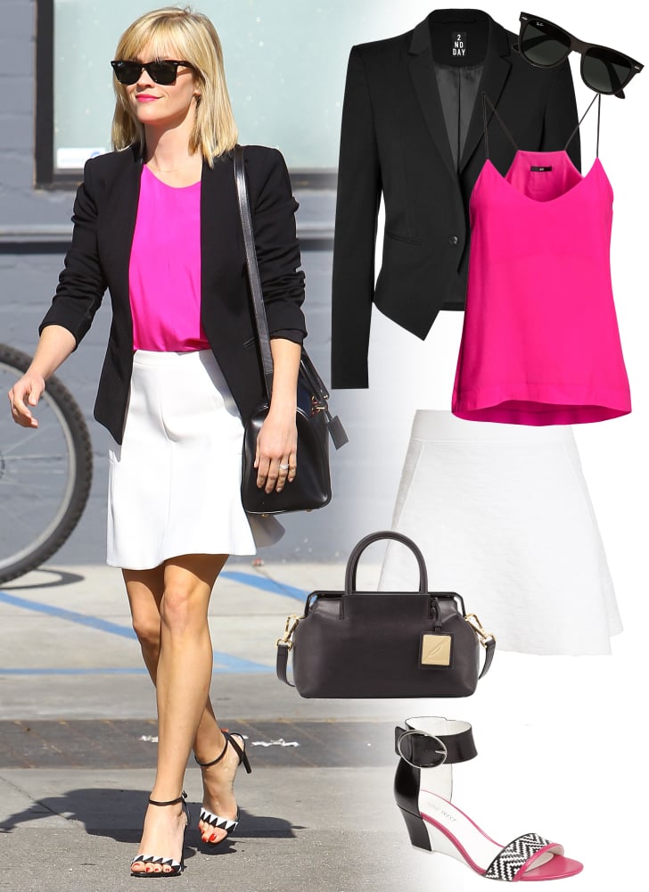 Reese Witherspoon Hot Pink Shirt and White Skirt Outfit | POPSUGAR Fashion