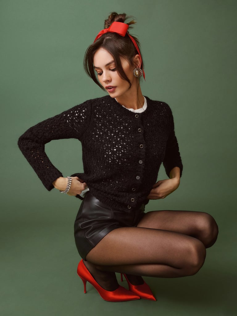 Reformation Clara Crew Cardigan in Black Pointelle