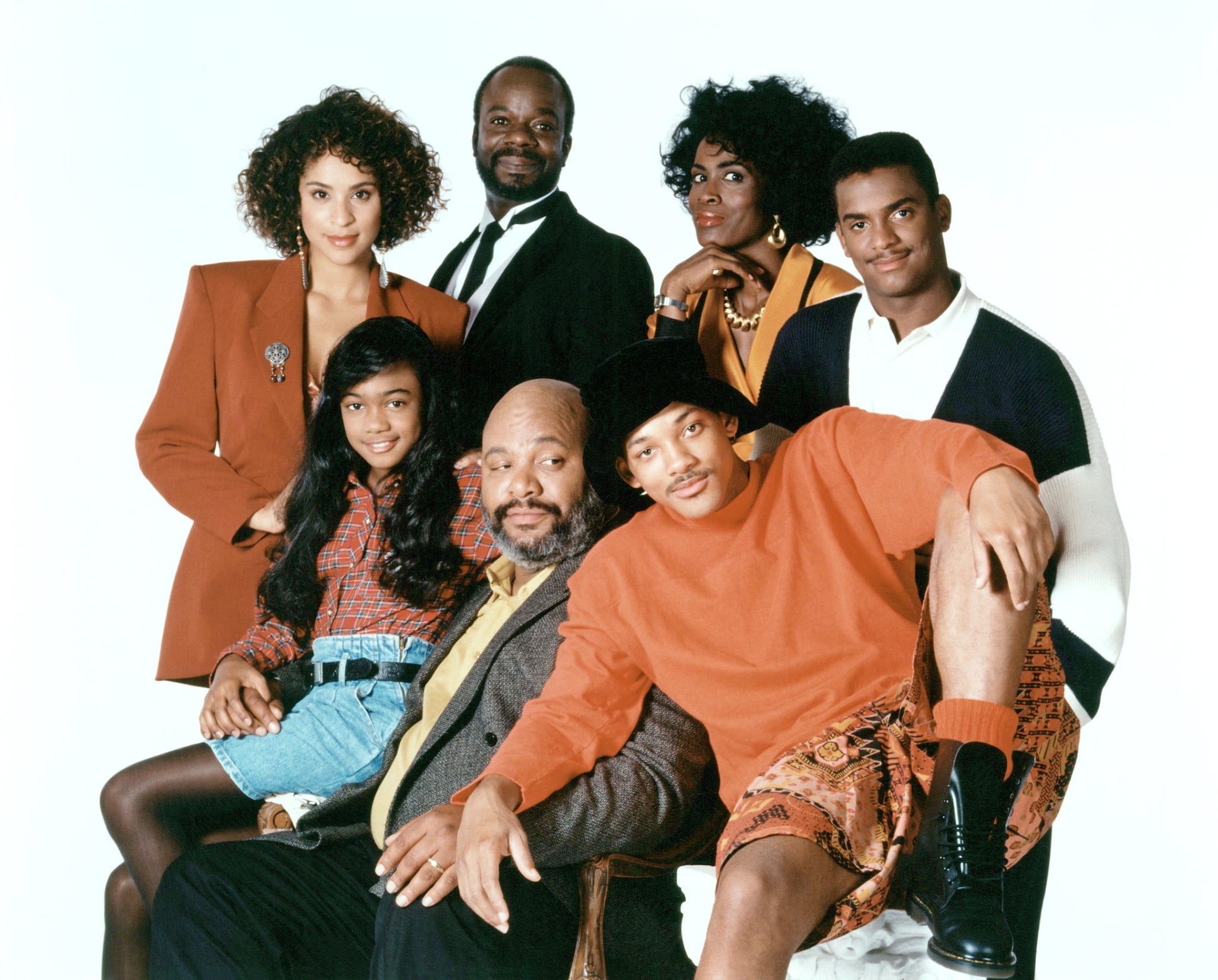 THE FRESH PRINCE OF BEL-AIR, (front, from left): Tatyana Ali, James Avery, Will Smith, (back): Karyn Parsons, Joseph Marcell, Janet Hubert, Alfonso Ribeiro, 1990-96.  NBC / Courtesy: Everett Collection
