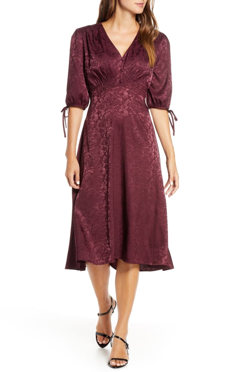 Sleeve Satin Jacquard Midi Dress 