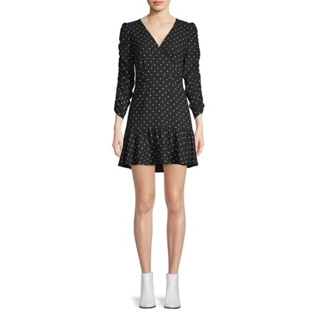Scoop Ruched Sleeve Ruffle Faux Wrap Mini Dress