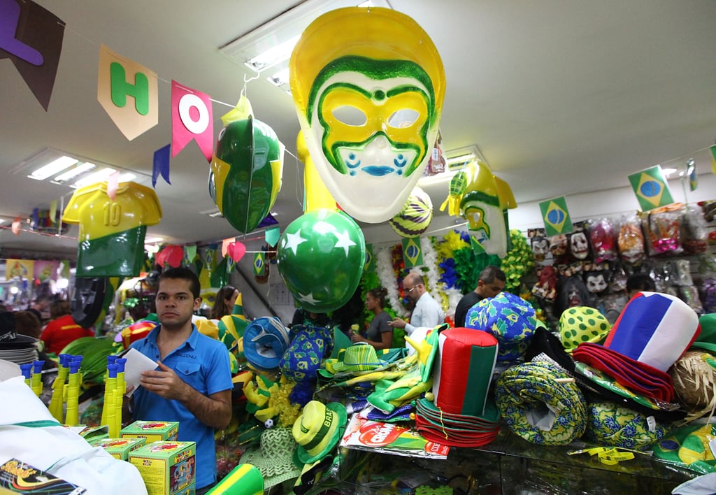 Souvenir shops in São Paulo set out World Cup gear.