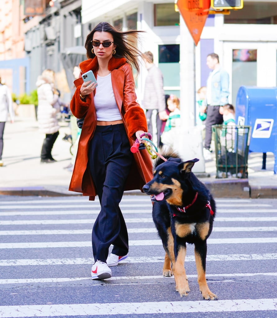 Emily Ratajkowski Wearing a Faux-Fur Vegan Leather Coat in NYC