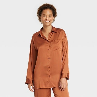 Stars Above Satin Long-Sleeve Button-Down Pajama Shirt