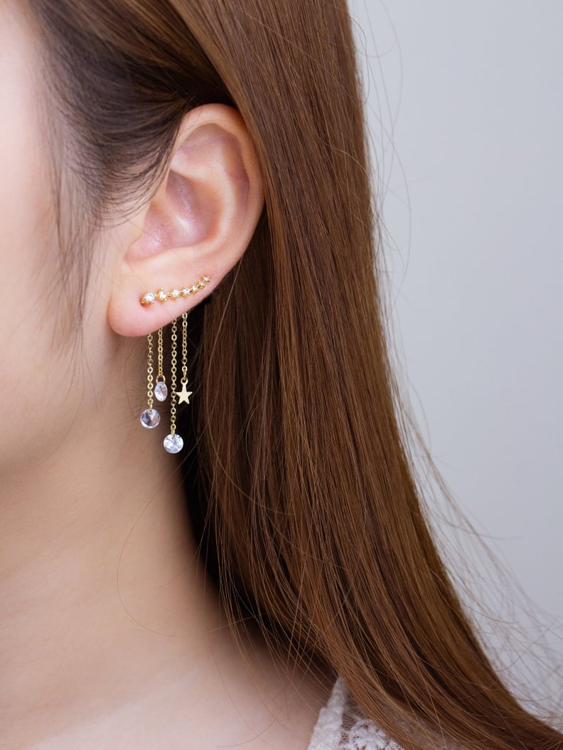 A Celestial Statement: Two-Way Gold Star Ear Climber Earrings With Crystal Chain