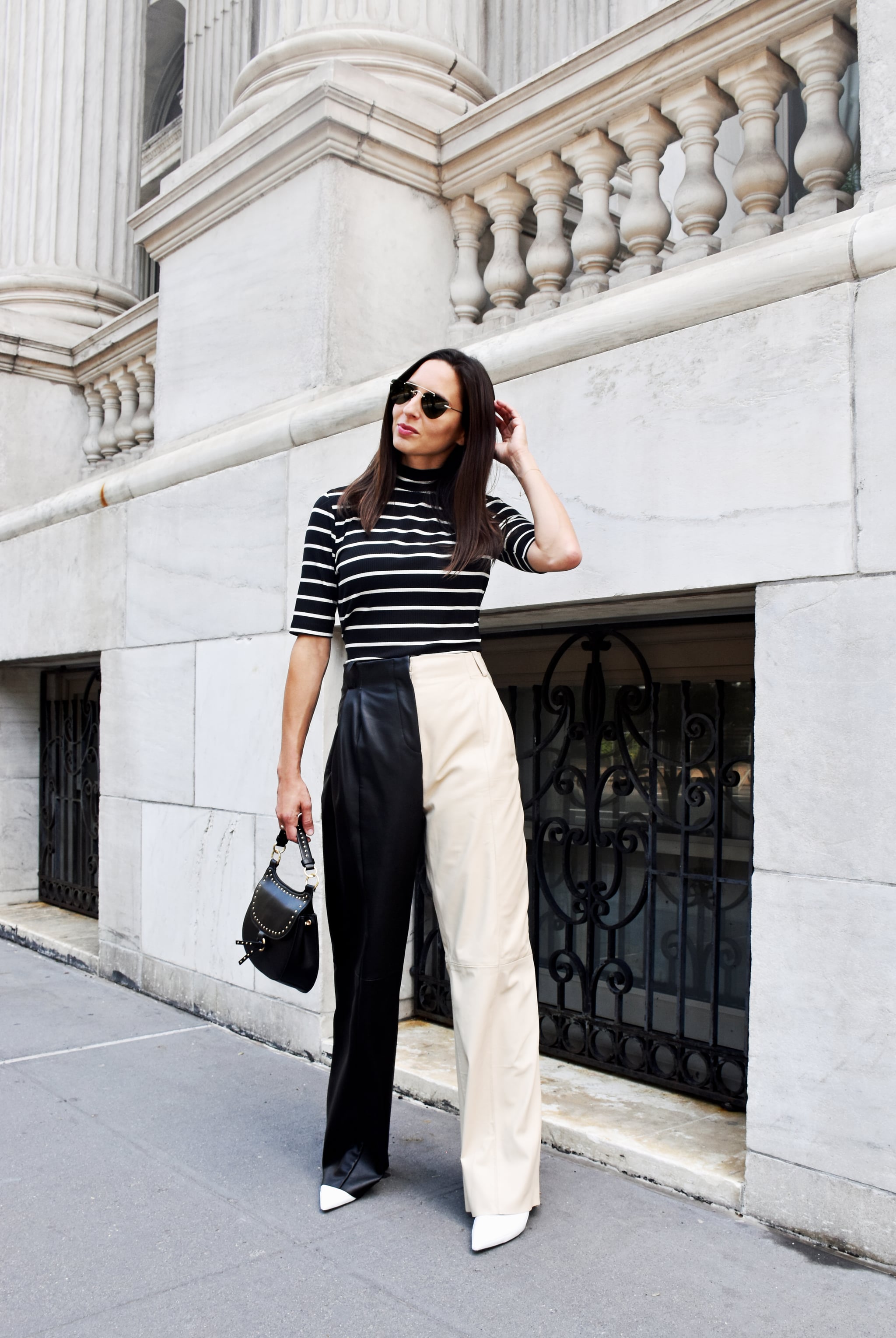 striped leather pants
