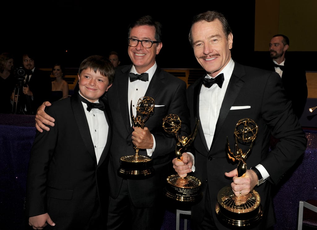 Bryan Cranston celebrated his wins with Stephen Colbert and his young son.