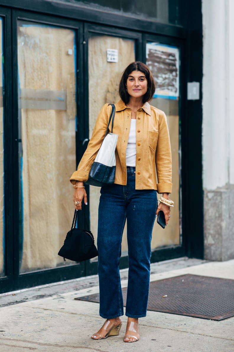 Wear Dark-Wash Denim With Metallic PVC Wedges and a Leather Jacket