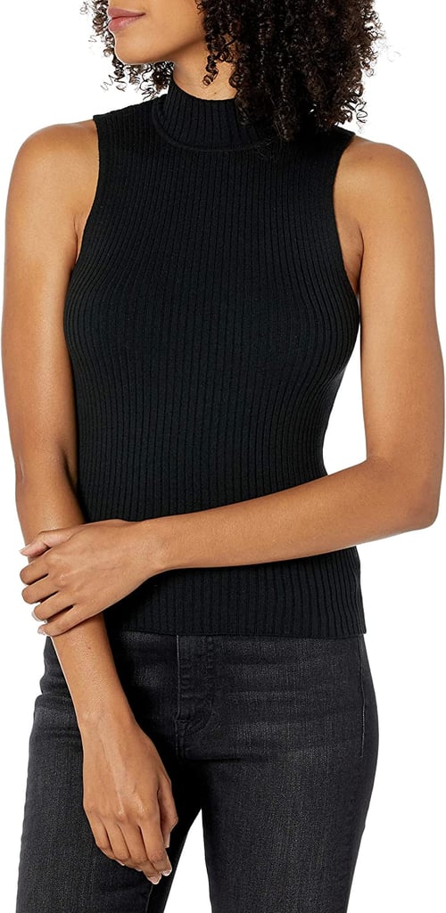 A Black Sleeveless Turtleneck Top: The Drop Karolina Sleeveless Mock Neck Rib Sweater