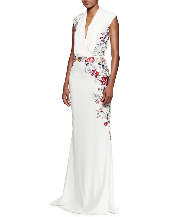 Alexander McQueen FloralEmbroidered Pleated VNeck Gown