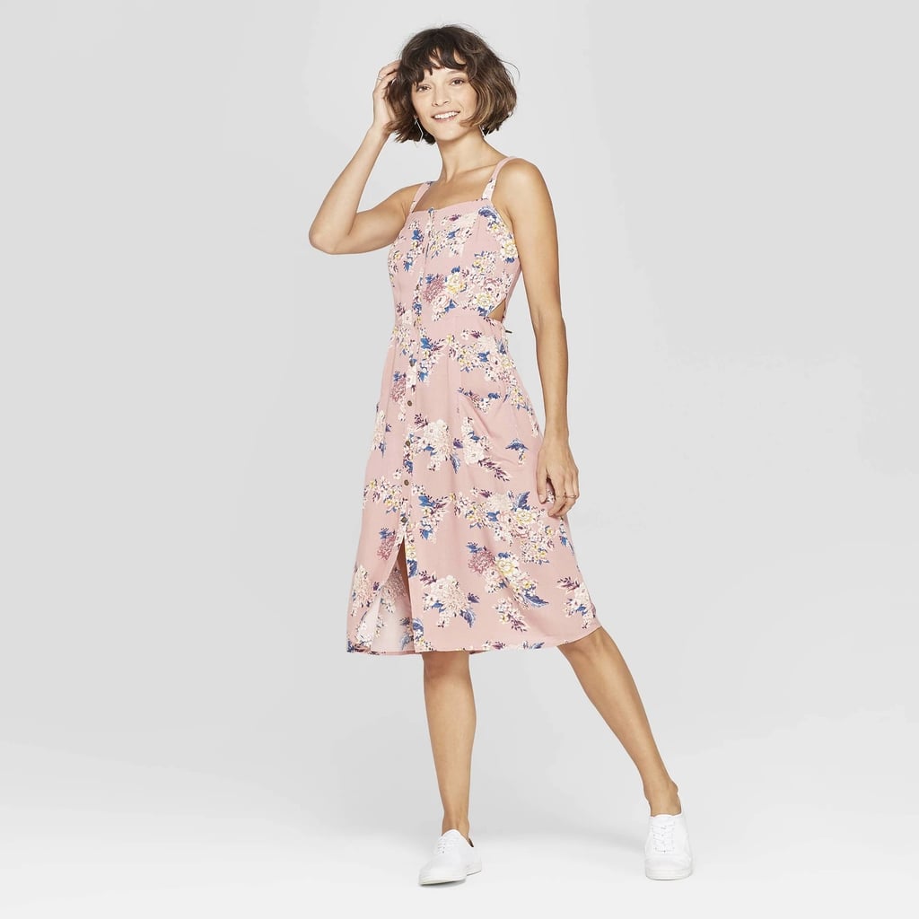 Floral Print Square Neck Strappy Button Front Midi Dress