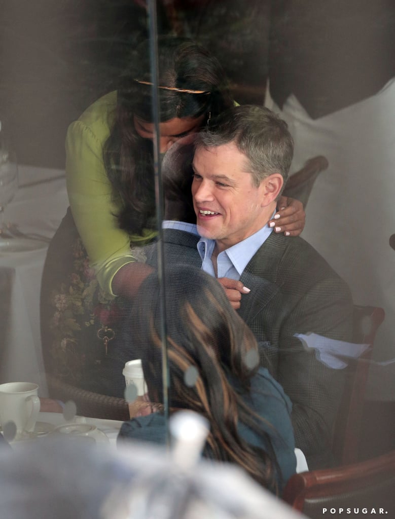 Mindy Kaling embraced Matt Damon while they shot a Nationwide Super Bowl commercial in LA on Saturday.