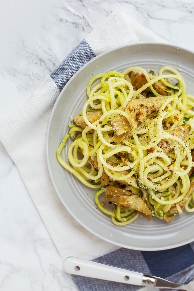 Lemon Parmesan Zoodles With Roasted Artichokes