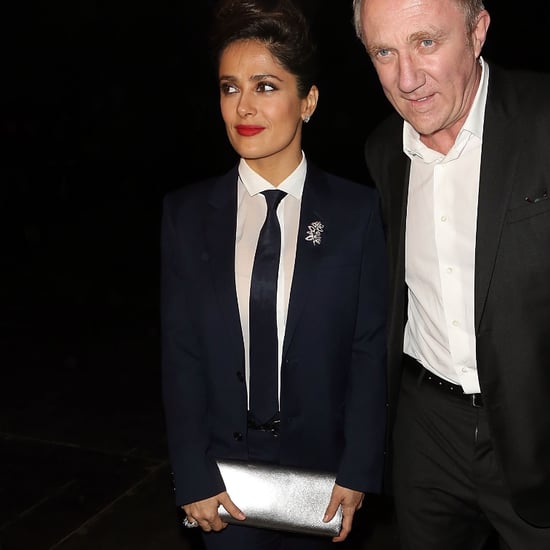 Salma Hayek in a Suit at Saint Laurent Men's Show Fall 2014