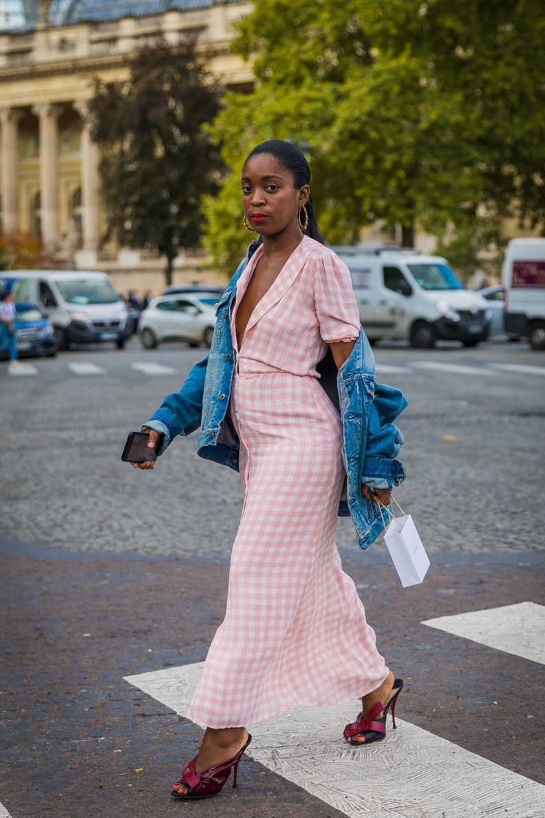 Style Your Light Gingham Dress With Dark Mules and Denim