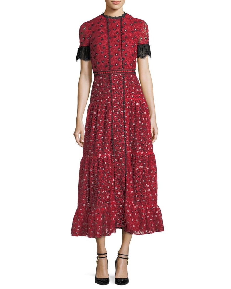 Saloni Andie High-Neck Short-Sleeve Floral-Print Long Dress