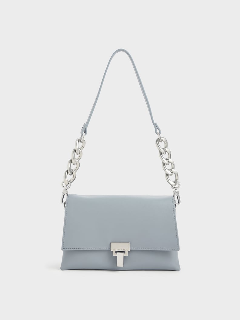 Charles & Keith Steel Blue Leather Push-Lock Shoulder Bag