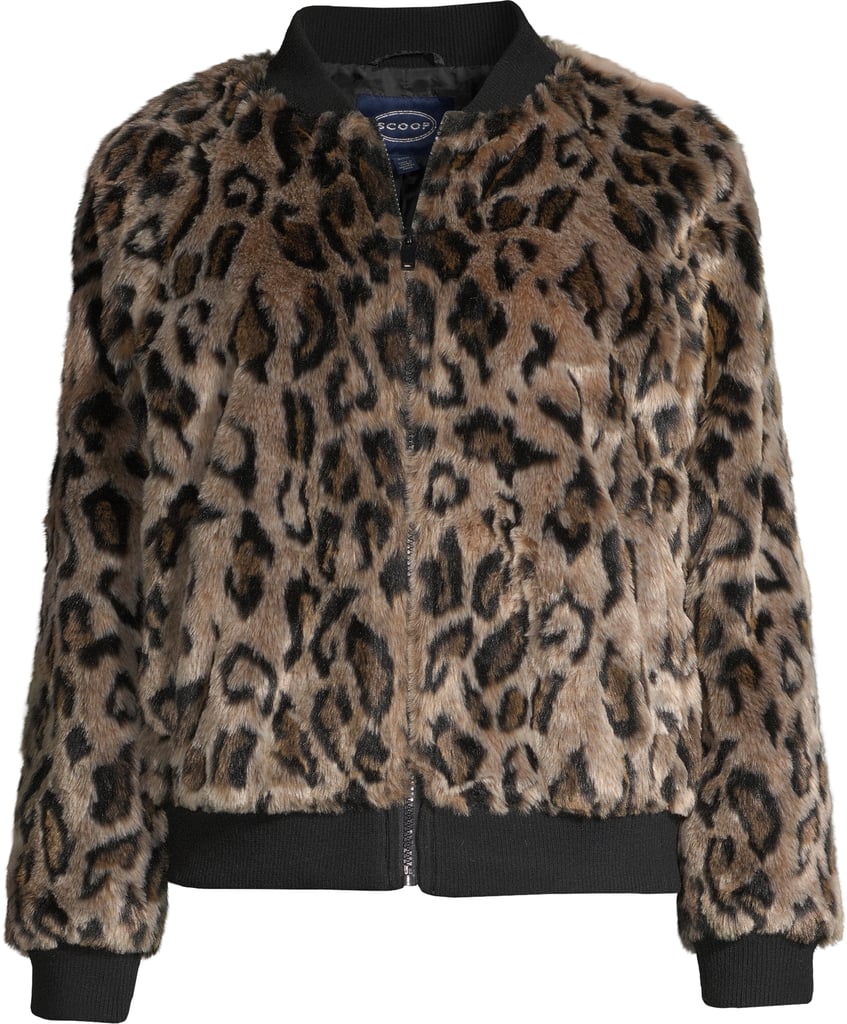 Scoop Faux Fur Leopard Knit Panel Zip-Up Bomber Jacket | Walmart Is ...