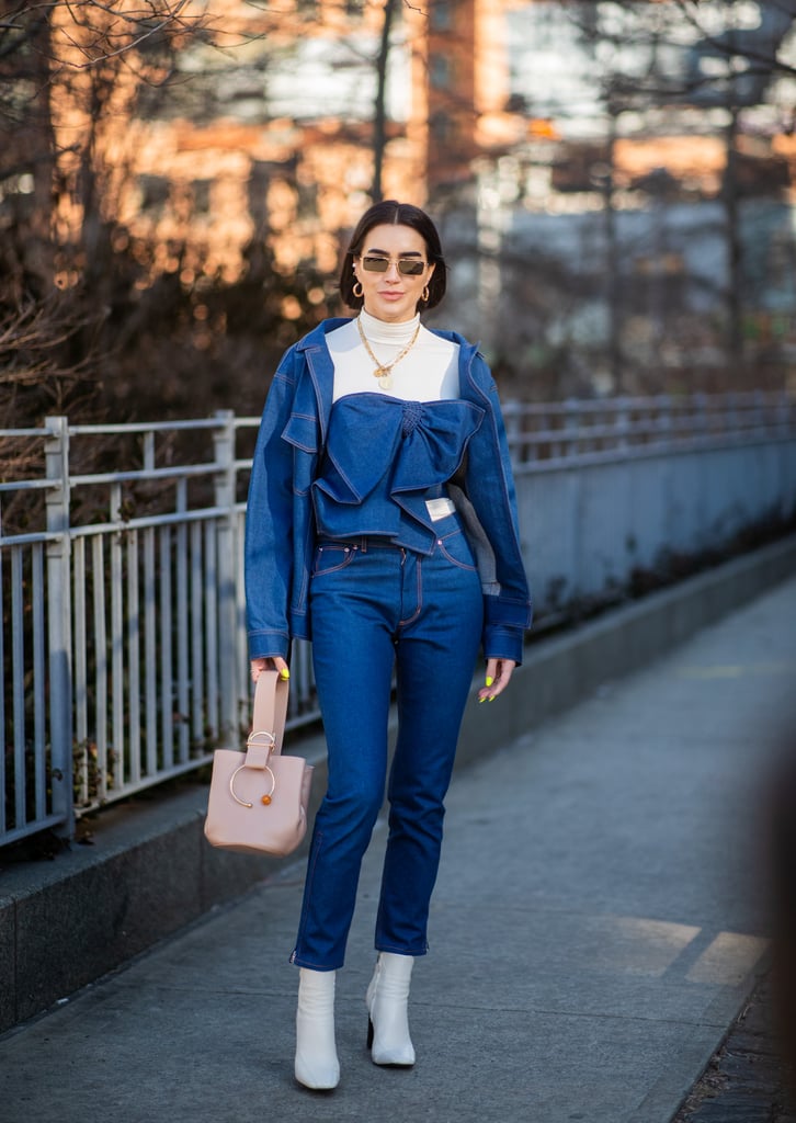 Give denim-on-denim a feminine spin with a pretty jean top and sleek accessories.