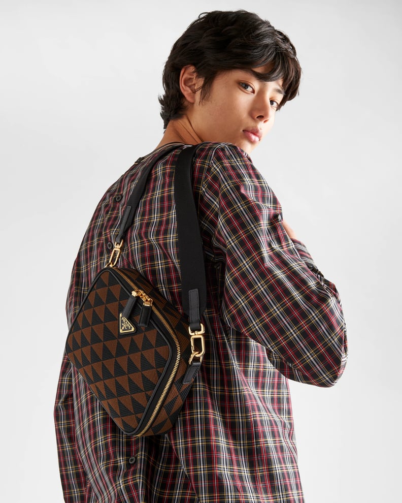 Work Bags For Men: Prada Symbole Embroidered Fabric Messenger Bag