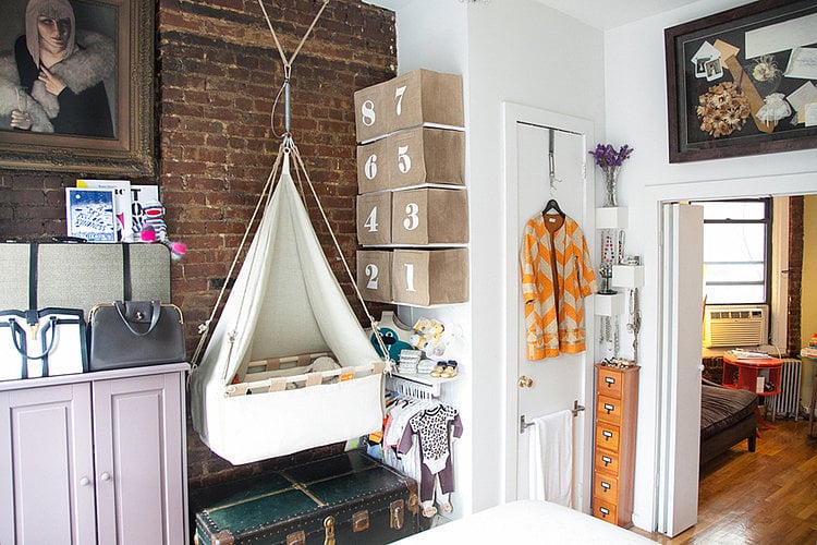 Think vertical when it comes to squeezing a nursery into a tiny apartment.  A few feet provide enough space to hang a beautiful bassinet. Learn more about this NYC apartment nursery here.