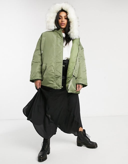 ASOS Design Curve Luxe Parka With Faux Fur Lining in Sage