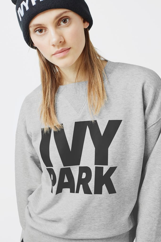 Ivy Park Logo Sweatshirt | Selena Gomez Wearing Gray Sweatpants on a ...