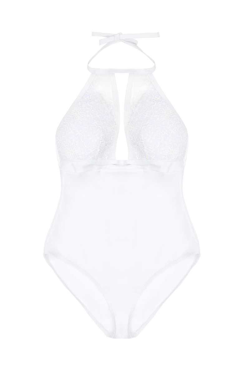 Hunter McGrady Plus Size/Curve White High Neck Lace Panel Swimsuit