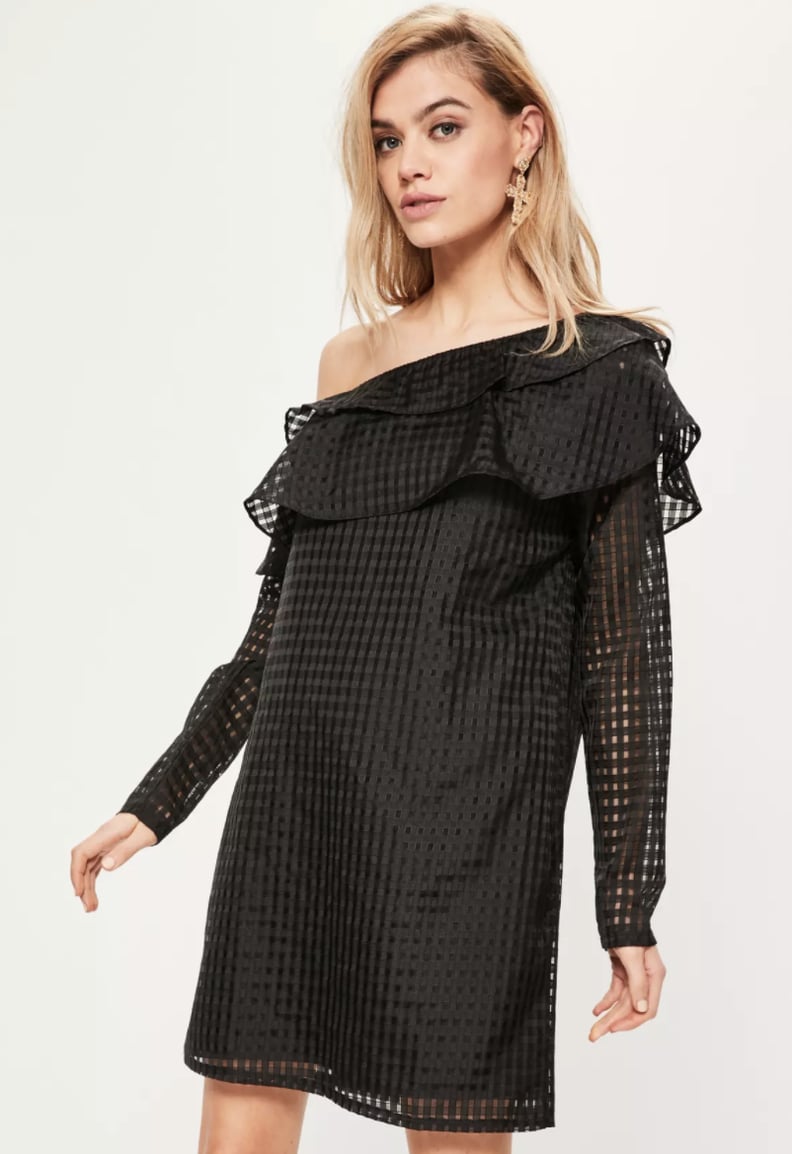 Missguided Black Check Gingham One-Shoulder Frill Shift Dress