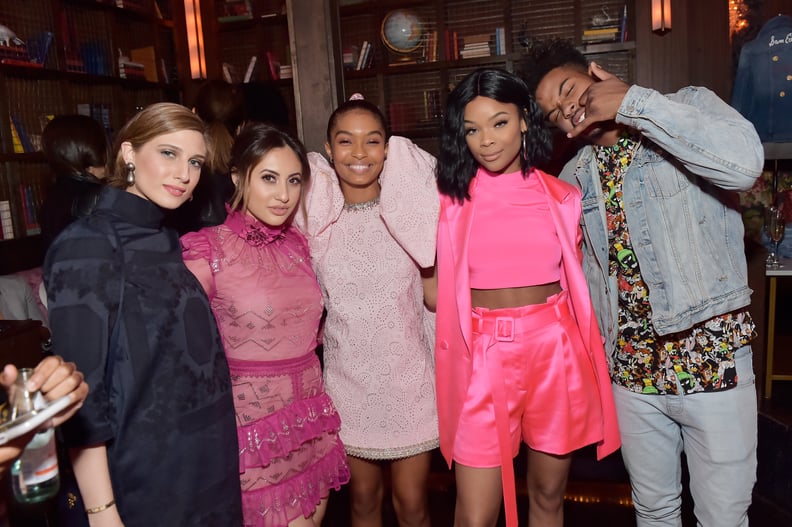 LOS ANGELES, CA - APRIL 27:  (L-R)  Guest, Francia Raisa, Yara Shahidi, Ajiona Alexus and Trevor Jackson attend Marie Claire Celebrates Fifth Annual 'Fresh Faces' in Hollywood with SheaMoisture, Simon G. and Sam Edelman at Poppy on April 27, 2018 in Los A