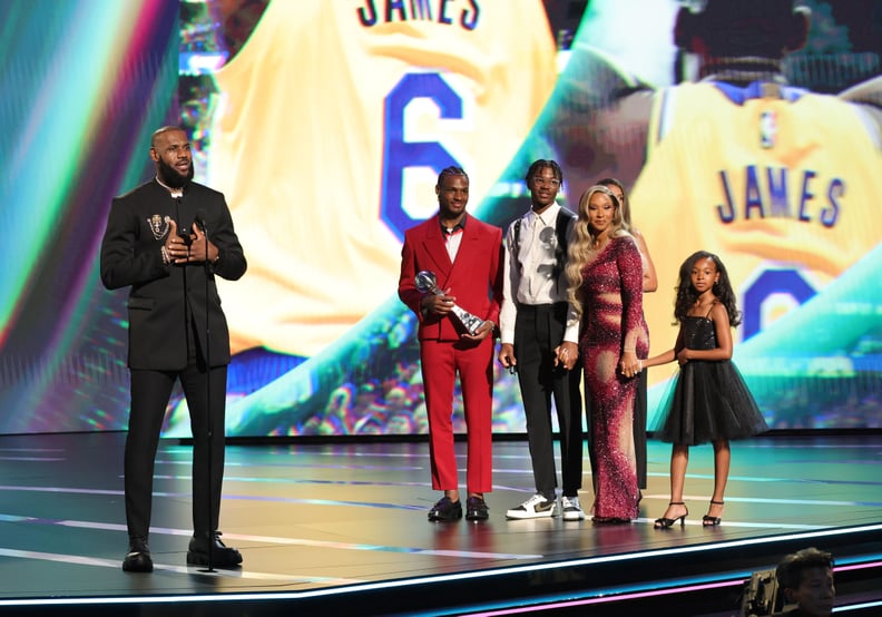 HOLLYWOOD, CALIFORNIA - JULY 12: (L-R) LeBron James, winner of Best Record-Breaking Performance, Bronny James, Bryce James, Savannah James and Zhuri James speak onstage during The 2023 ESPY Awards at Dolby Theatre on July 12, 2023 in Hollywood, California