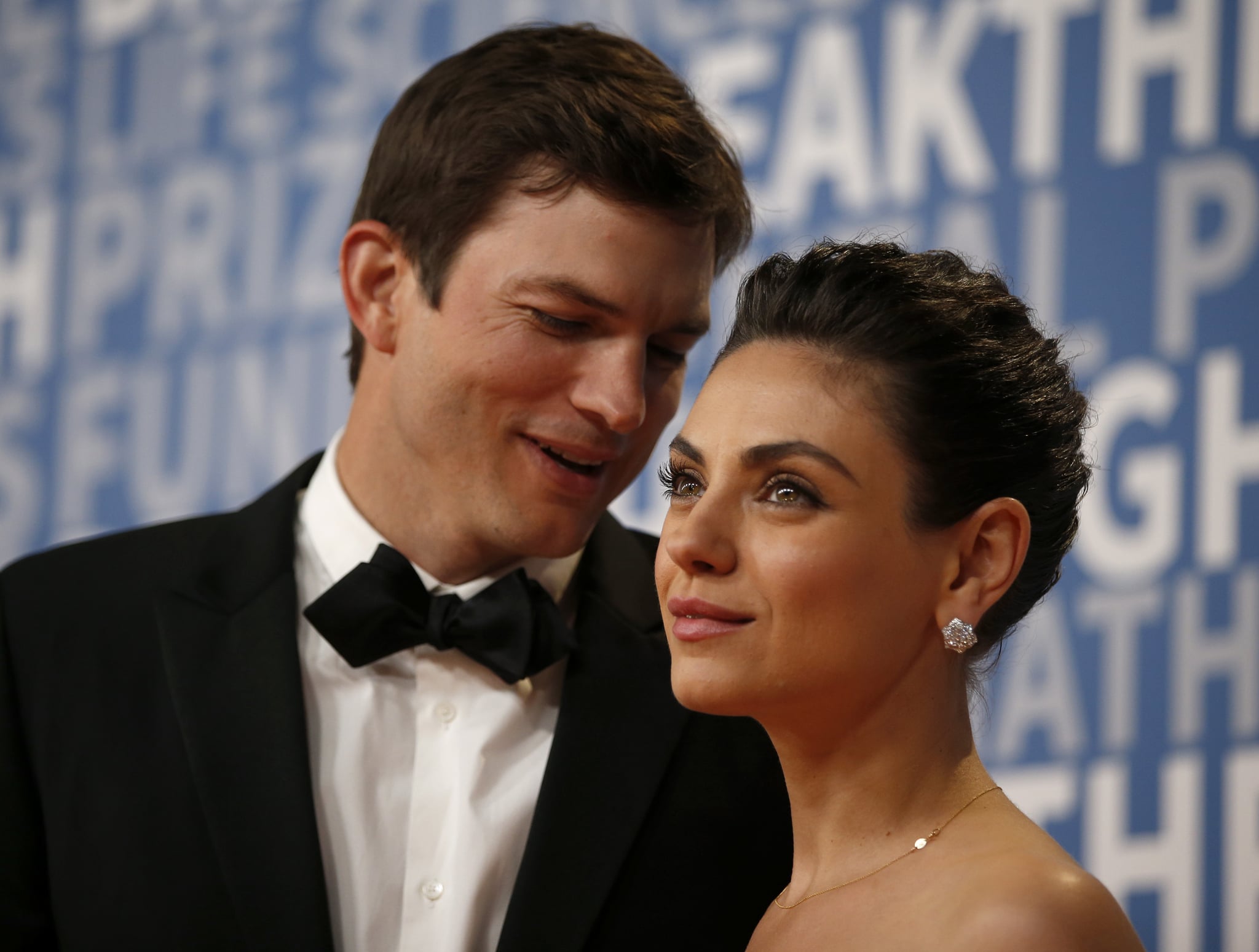 Actor Mila Kunis poses for a picture with her husband actress Ashton Kutcher on the red carpet for the 6th annual 2018 Breakthrough Prizes at Moffett Federal Airfield, Hangar One in Mountain View, Calif., on Sunday, Dec. 3, 2017. (Nhat V. Meyer/Bay Area News Group) (Photo by MediaNews Group/Bay Area News via Getty Images)