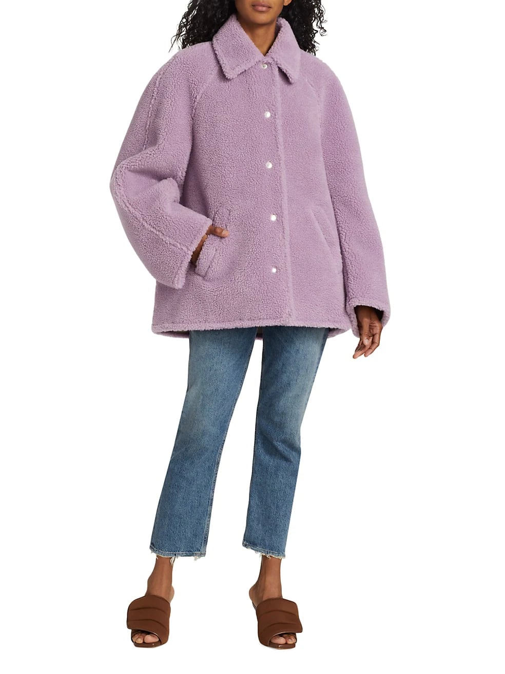 casual winter look with teddy coat mock neck top valentino elt