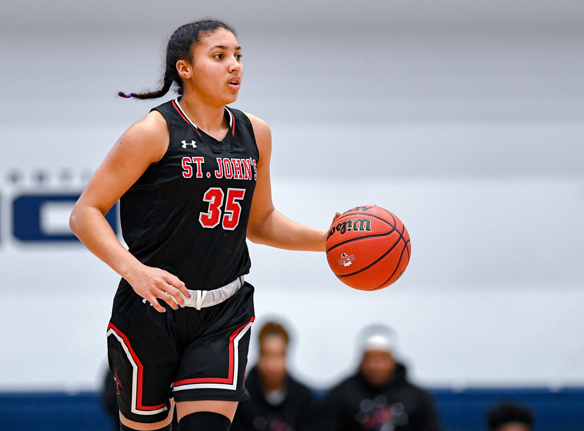 WASHINGTON, DC - MARCH 1: Shooting guard Azzi Fudd #35 of St. John's College High School handles the ball during the DCSAA Championship game against Sidwell Friends on March 1, 2020 at the George Washington's Smith Centre in Washington, DC.