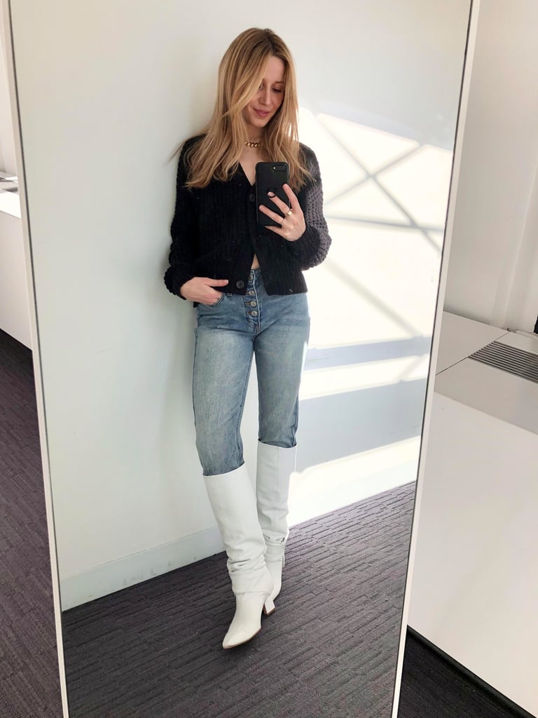 How I Styled My Straight-Leg Jeans: With A Cardigan, Knee-High Boots, And Jewellery