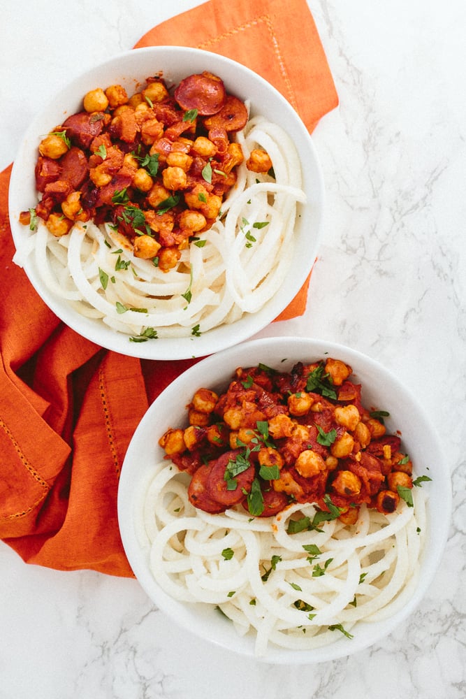 Chorizo and Chickpea Harissa Stew With Spiralized Jicama