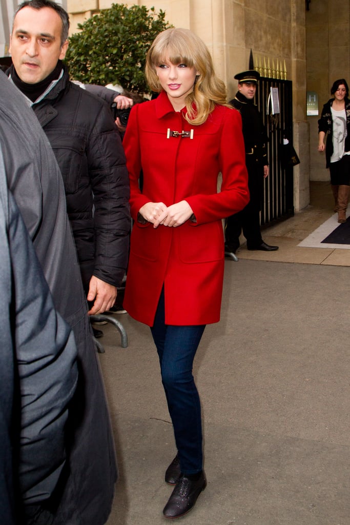 Taylor Looked Romantic in a Red Wool Coat and Sparkling Flats