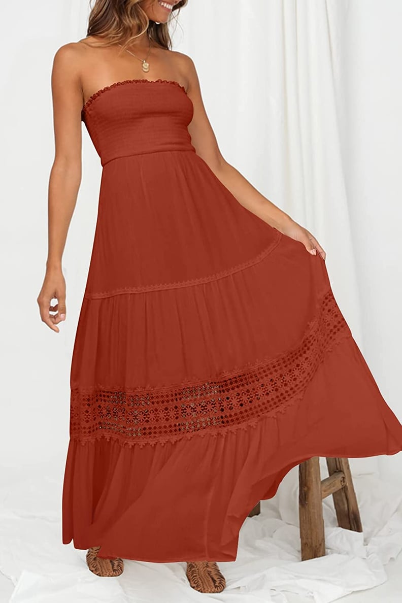Summer Dress: Zesica Bohemian Strapless Lace Trim Flowy Maxi Dress