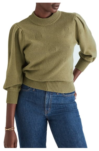 Madewell Eaton Dotted Puff Sleeve Cotton & Merino Yarn Pullover Sweater