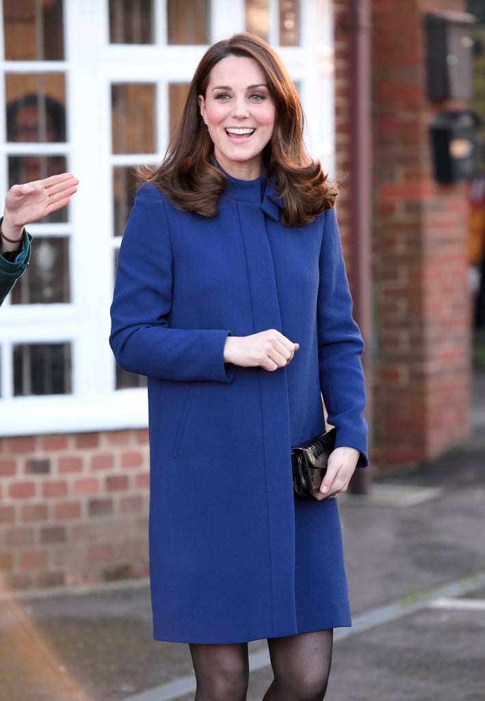When Kate wore this royal blue coat by the British label Goat, it perfectly matched her iconic sapphire engagement ring.