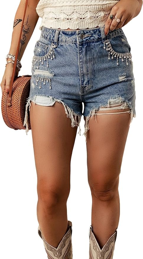 Embellished Rhinestone Distressed Denim Shorts