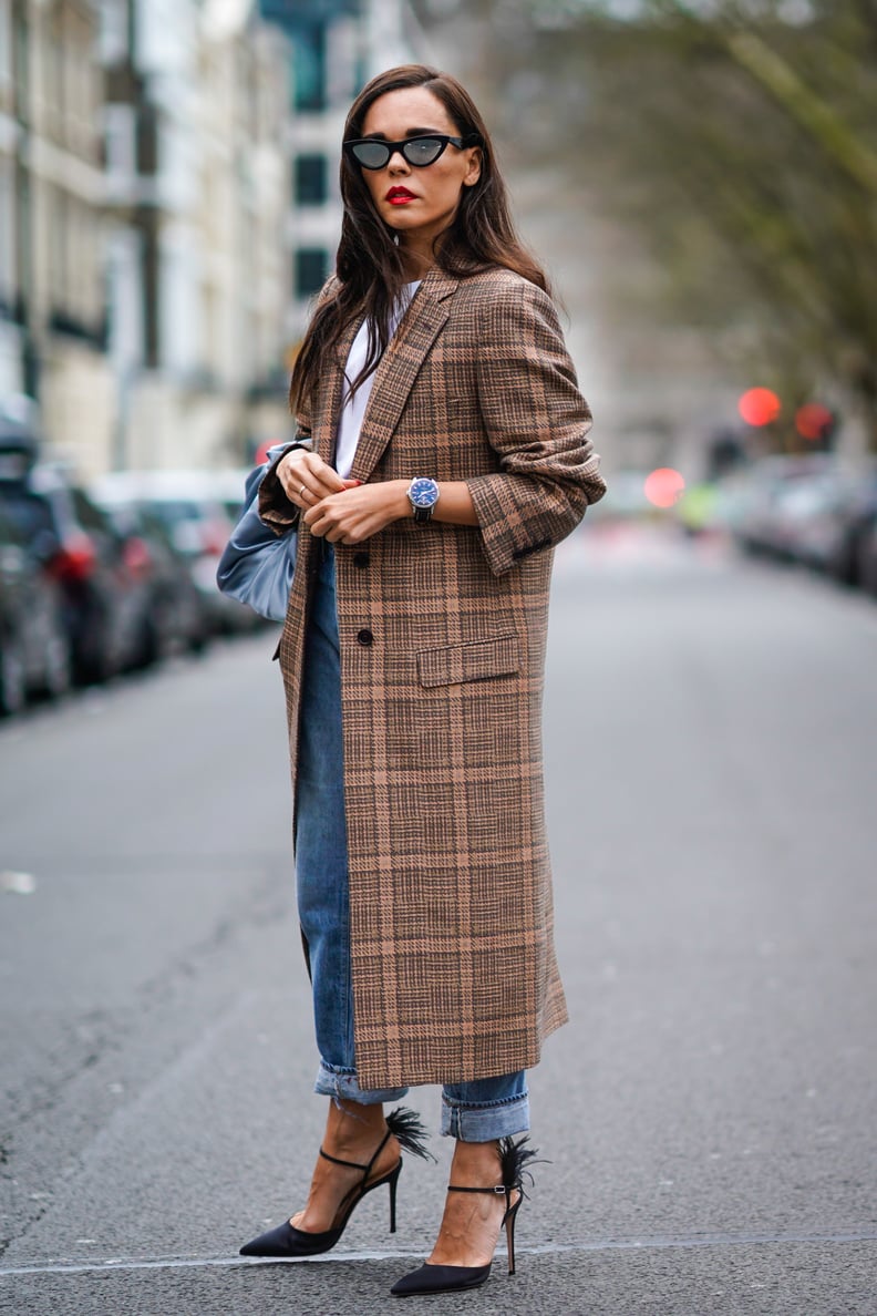 With a White Tee, a Long Check Coat, and Pretty Heels