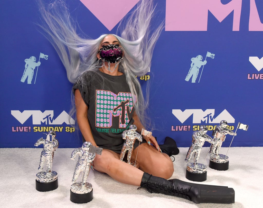 MTV VMA's 2020 | Photos of Lady Gaga Posing With Her 5 Moon Person Trophies